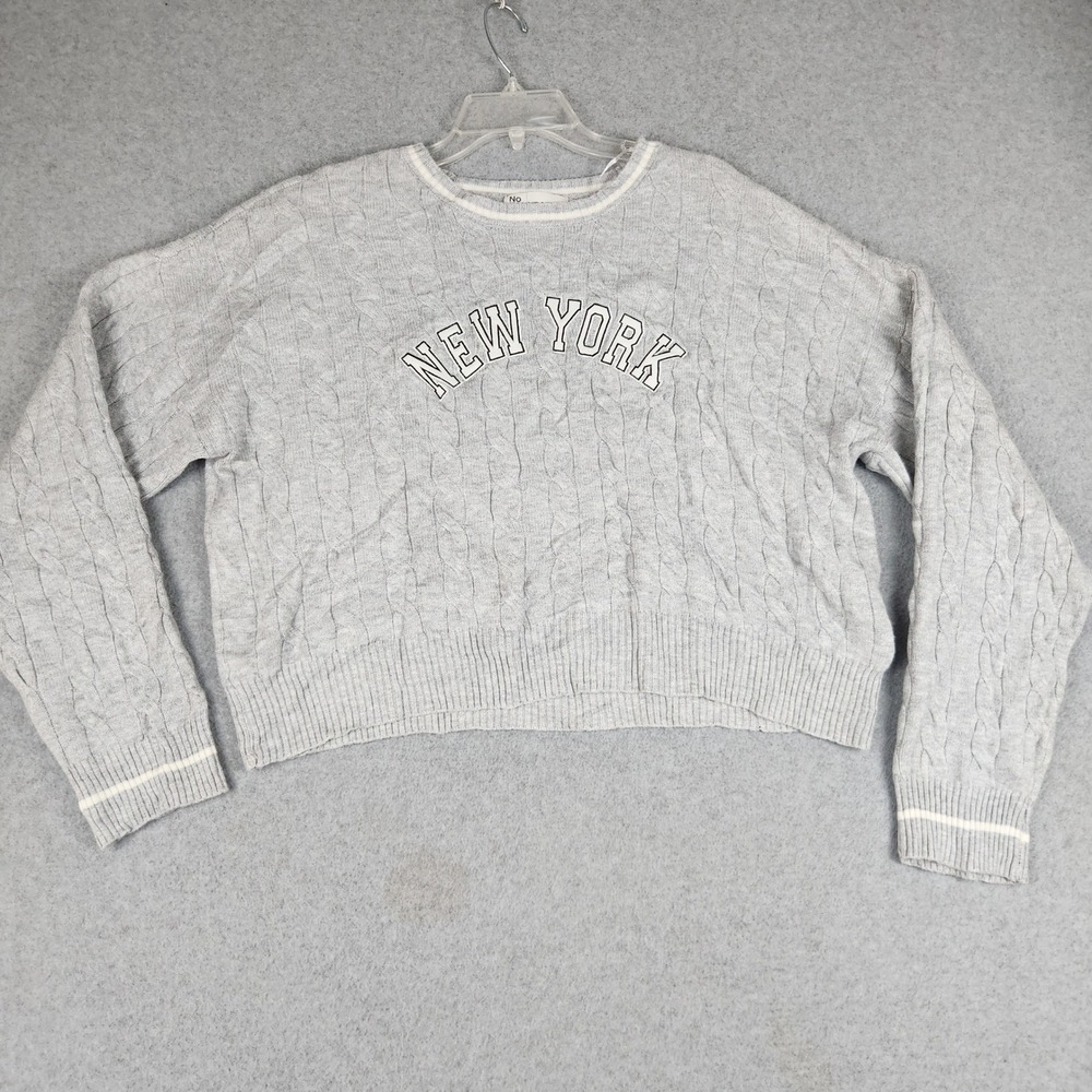 No Boundaries New York Cropped Sweater Womens L 12-14 Gray‎ Cable Knit Crew Neck